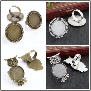 20mm 5pcs Antique Silver and Bronze Plated Brass Adjustable Ring Settings Blank/Base,Fit 20mm Glass Cabochons,ButtonsRing Bezel image 3