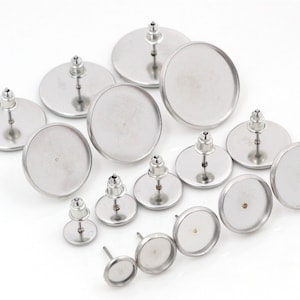 6/8/10/12/14/16/18/20mm 20pcs Stainless Steel Earring Base Studs Ear Cameo Settings Cabochon Base Tray Blank (With Back)