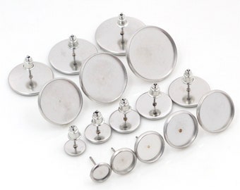 6/8/10/12/14/16/18/20mm 20pcs Stainless Steel Earring Base Studs Ear Cameo Settings Cabochon Base Tray Blank (With Back)