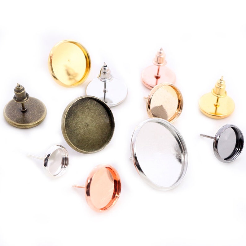 6mm 8mm 10mm 12mm 14/16/18/20mm 8 Colors Plated High Quality Stainless Brass Earring Studswith Ear plug Base,Fit 6-20mm Glass Cabochons image 1