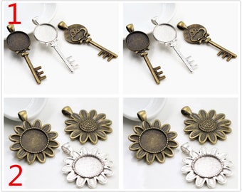 10pcs 18mm Inner Size Antique Bronze and Silver Key/Sun Flower Style Cabochon Base Cameo Setting Charms Pendant