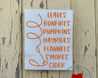 Hojas de otoño Hogueras Calabazas Hayrides Franelas S'Mores Sidra 9 x 12 pulgadas Cartel de madera pintada de vacaciones - Signo de actividades de otoño favoritas
