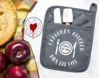 Grandma's Kitchen Kids Eat Free  - Pot Holder/Oven Mitt - Available in Black, Green, Red & Gray.