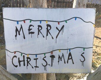 Stranger Things Inspired - Merry Christmas 12 x 16" Painted Wood Sign - Christmas Light String