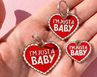 Heart Pet ID Tag Engraved • "I'm Just a Baby" • Enamel Dog Collar Charm (3 Sizes)