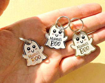 Cute Ghost Pet ID Tag for Dogs and Cats • Engraved Enamel, Double Sided "Mama's Boo"