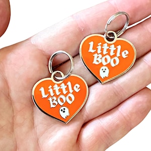 Cute Halloween Dog Tag – “Little Boo” – Orange Heart Enamel Pet ID Tag, Custom Engraved, Spooky Ghost Pet Tag for Dogs & Cats