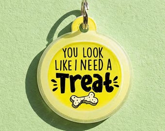 Cute Dog Tag Personalized - Cute Pet ID Tag - "I Need a Treat" - Silent, Lightweight, Customizable