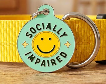 Dog ID Tag Custom Engraved, Enamel Smiley Pet Charm - "Socially Impaired" *Green