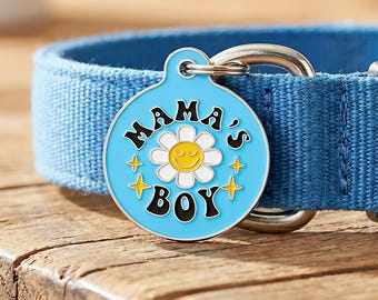 Mama's Boy Dog ID Tag Engraved - Blue Enamel with Daisy, Size Small & Large