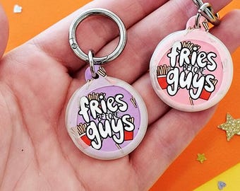 Funny Dog Tag for Dogs Personalized - Silent Custom Pet ID Tag - "Fries Before Guys"