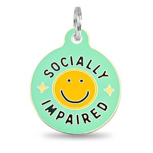 Placa de identificación para perro grabada, tallas pequeña y grande, en verde menta y amarillo. Dije de doble cara: "Socially Impaired" (discapacidad social) en el anverso.