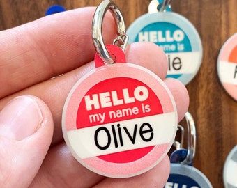 Custom Dog ID Name Tag Personalized - Silent Double-Sided Pet Tag - "Hello My Name Is"