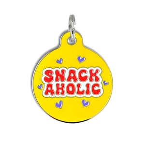 Food Dog Tag Personalized • Engraved Funny Dog Name Tag Collar Charm - Durable Small or Large Cute Enamel Pet ID Tags "Snackaholic"