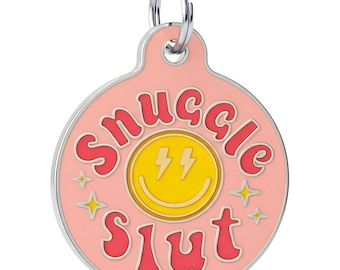 Funny Pet Tag for Dogs Cats, Backside Engraved • Pink Enamel with Smiley, Sizes Small & Large
