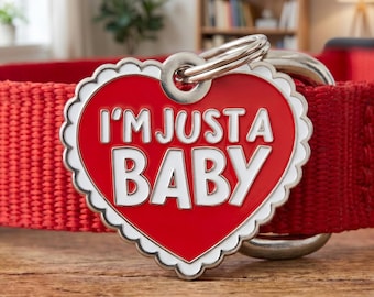 Just a Baby Dog Tag, Enamel Heart Pet ID Tag (Backside Engraved)