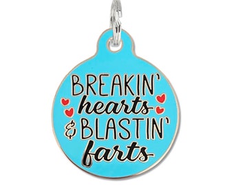 Funny Boy Dog Tags, Small or Large Engraved Pet ID Tag: "Breakin Hearts & Blastin' Farts" Double Sided Enamel Collar Name Tag Accessory