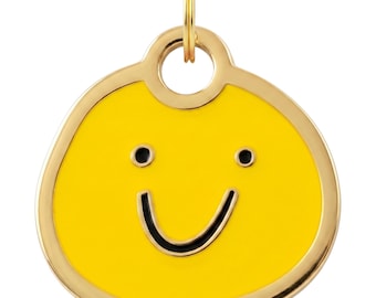 Gold Smiley Pet ID Tag for Dogs and Cats (backside engraved) • Yellow Enamel Collar Charm