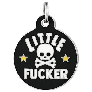 Funny Bad Dog Tag, Backside Engraved • Black Enamel Pet ID Skull & Crossbones - "Little F*cker"