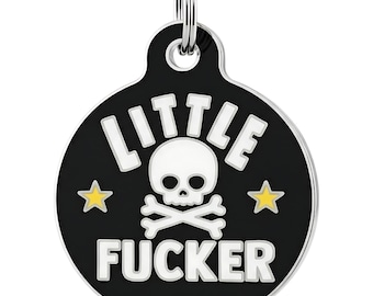 Funny Bad Dog Tag, Backside Engraved • Black Enamel Pet ID Skull & Crossbones - "Little F*cker"