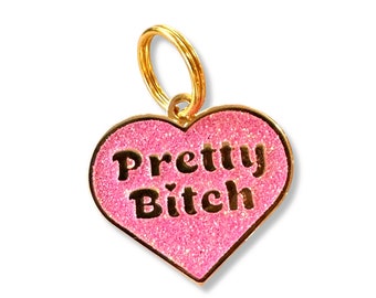 Glitter Dog Tag Small Large Personalized, Red Heart Shaped Engraved "Pretty B*tch" Pet ID Tag Collar Charm