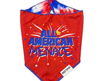 Patriotic Dog Bandana • Red White and Blue Tie-Dye Cooling Fabric and Reversible - "All American Menace"
