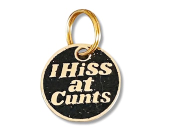 Small Cat Tag Personalized, Funny Cat Tag, Black Gold Small Pet Tag, Durable Enamel Engraved Metal Cat Name Tag - I Hiss at C*nts