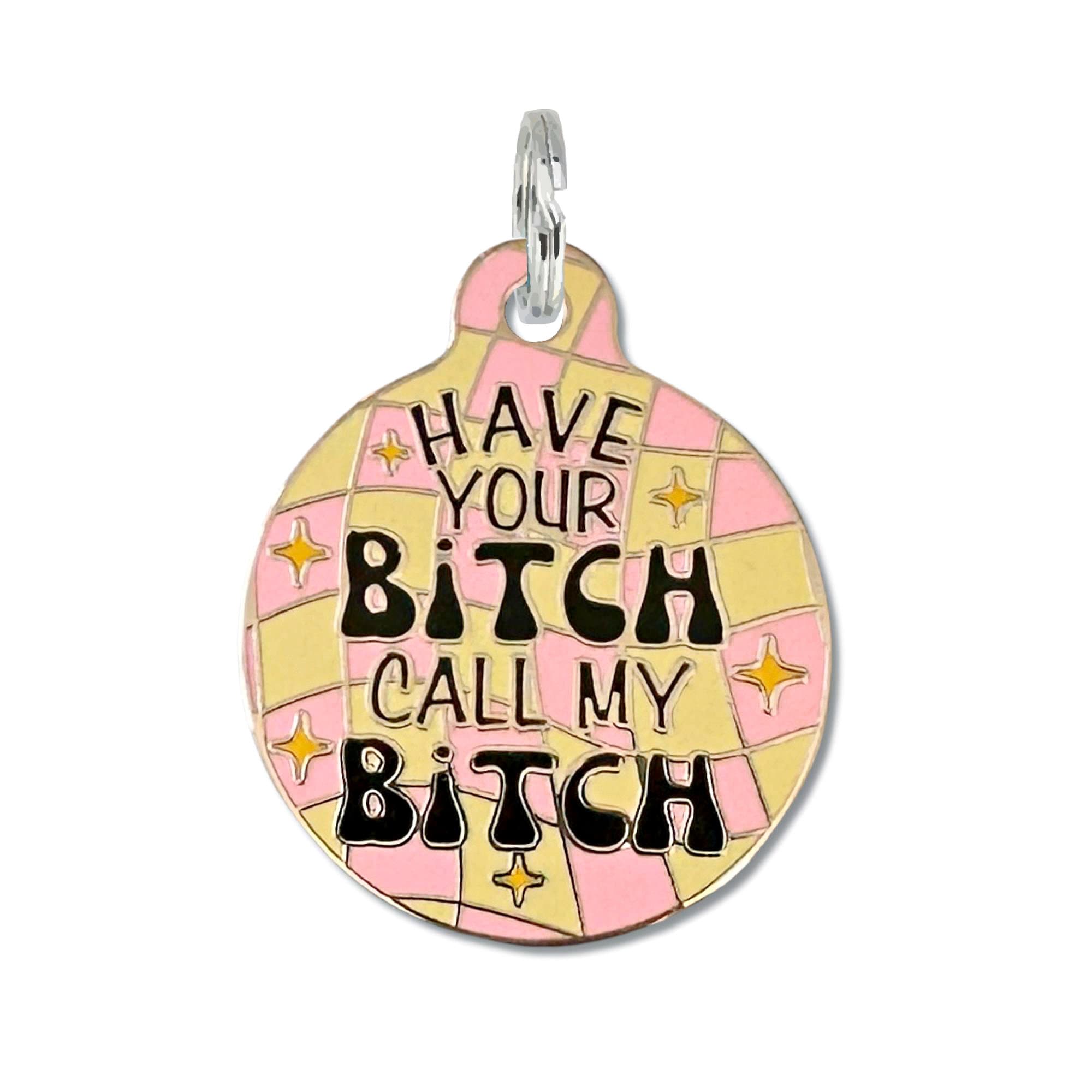 Pink Checkerboard Dog Tag Personalized • Cute Engraved Enamel Pet ID Tag for Dogs & Cats • Small or Large Sizes - "Call My B*tch"