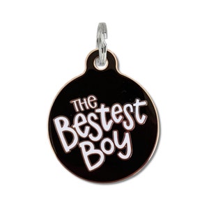 Cute Boy Dog Tag - Small or Large Pet ID Tag Personalized "The Bestest Boy" - Durable Enamel Laser Engraved Collar Charm Accessory Dog Mom