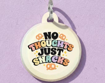 Funny Dog Tag - Personalized Pet ID Tag - "No Thoughts Just Snacks" - 2 Sided Silent Aluminum Tag