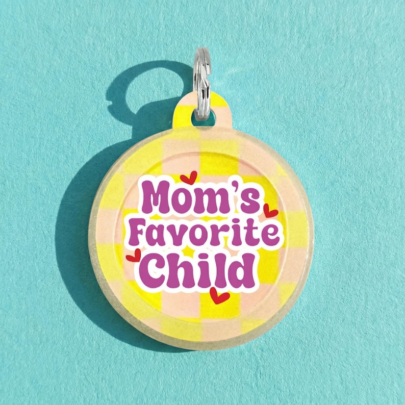 Silent Pet ID Tag Personalized • Silent Dog Tag Yellow and Purple - "Mom's Favorite Child" image 1
