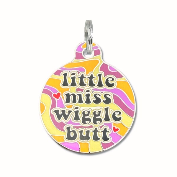 Wiggle Butt Dog Tag for Dogs Small or Large "Little Miss Wiggle Butt" Durable Engraved Enamel Metal Pet Name Tag Collar Charm Accessory