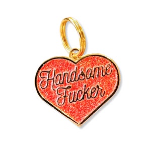 Red Glitter Dog Tag Personalized, Size Small or Large Pet ID Tag, Heart Shaped Gold Enamel Engraved Charm - "Handsome F*cker"