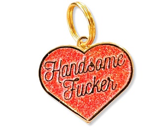 Gold Dog Tag Personalized – Red Heart Glitter Cute Dog Collar Charm – Small Large Pet ID Tag Engraved - Gift Idea Dog Mom &quot;Handsome Fcker&quot;