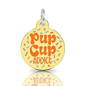 Pup Cup Dog Tag Cute • Personalized Pet ID Tag with Ice Cream and Sprinkles • Durable Enamel • Small & Large Sizes • Deep Backside Engraving