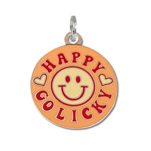 Retro Smiley Dog Tag for Dogs Personalized "Happy Go Licky" Double Sided Durable Enamel Metal Engraved Pet ID Collar Charm