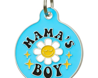 Mama's Boy Dog Tag, Blue Enamel Daisy Pet ID, Engraved Backside (Small/Large)