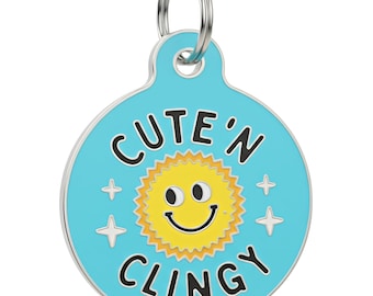 Personalized Dog ID Tag • Backside Engraved Enamel Pet Tag, Blue, 2 Sizes - "Cute N Clingy"