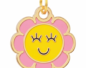 Pink Daisy Gold Enamel Pet ID Tag for Dogs and Cats (backside engraved 5 lines)