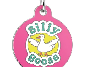Silly Goose Pet ID Tag for Dogs and Cats - Double Sided, 2 Sizes, Pink Enamel