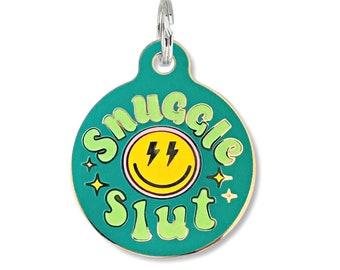 Smiley Dog Dog Tags for Dogs, Funny Dog Tag, Large Small Cat Dog Tags Personalized, Engraved Metal Durable Pet ID Tags - Snuggle Slut