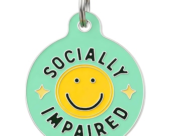 Funny Cute Dog Tag Personalized • Engraved Enamel "Socially Impaired" (2 Sizes)