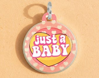 Cute Dog Tags for Dogs Personalized - Silent Lightweight Pet ID Tag Pink - "Just a Baby"