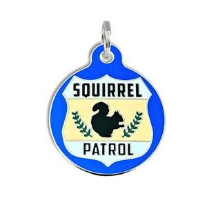 Squirrel Patrol Dog Tag Personalized • Blue, Orange & Green Enamel Pet ID Tag • Double Sided Collar Charm • Small or Large Sizes