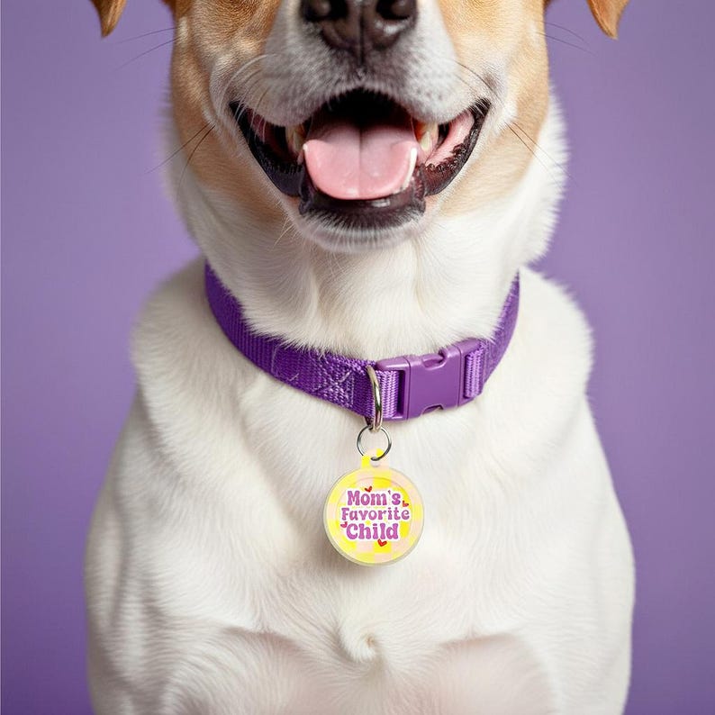 Silent Pet ID Tag Personalized • Silent Dog Tag Yellow and Purple - "Mom's Favorite Child" image 2