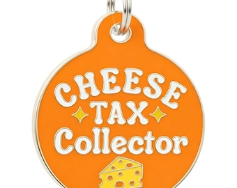 Funny Cheese Dog Tag • Personalized Pet ID • Orange Enamel, Engraved Backside - Sizes Small/Large