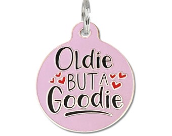 Senior Dog Pet ID Tag Personalized "Oldie but a Goodie" Durable Enamel Metal Laser Engraved Pet Collar Charm Pink Blue Purple
