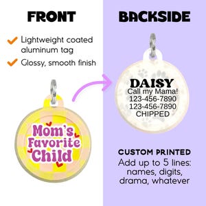 Silent Pet ID Tag Personalized • Silent Dog Tag Yellow and Purple - "Mom's Favorite Child" image 5