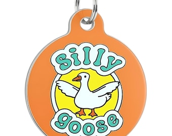 Silly Goose Dog Tag • Personalized Pet ID Tag, Backside Engraved Size SM & LG • Orange Enamel