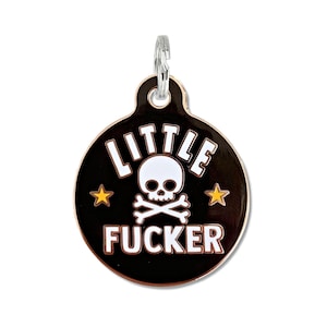 Funny Large Dog Tag or Small Cat ID Name Tag Skull & Crossbones "Little F*cker" Black Metal Personalized Double Sided Engraved Collar Charm